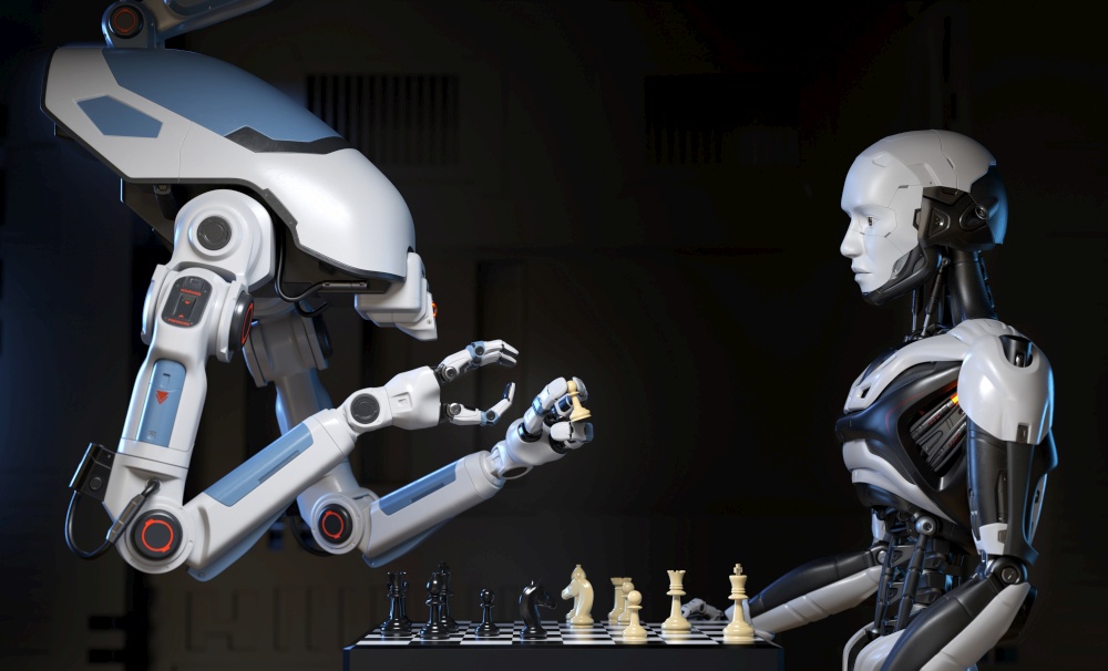 Sci-Fi Industrial robot playing a game of chess with cyborg. 3D illustration. Two robots playing a game of chess