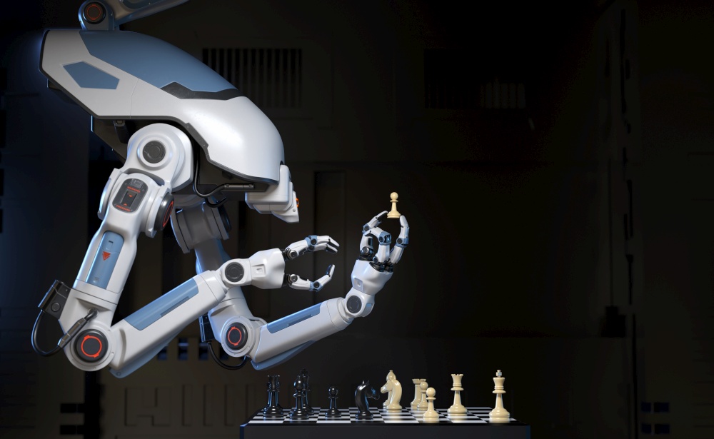 Sci-Fi Industrial robot playing a game of chess with itself. 3D illustration. Robot playing a game of chess