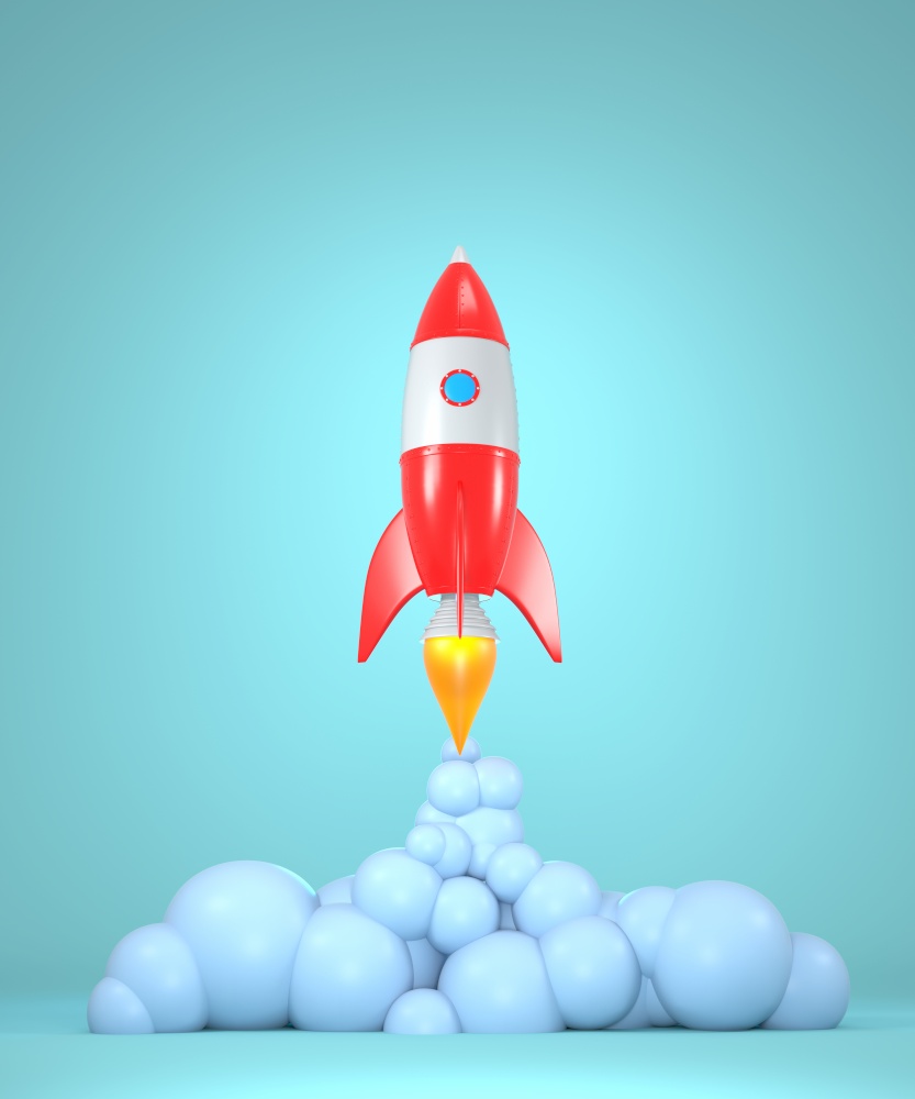 Rocket taking off with trail. 3D illustration. Rocket taking off with trail