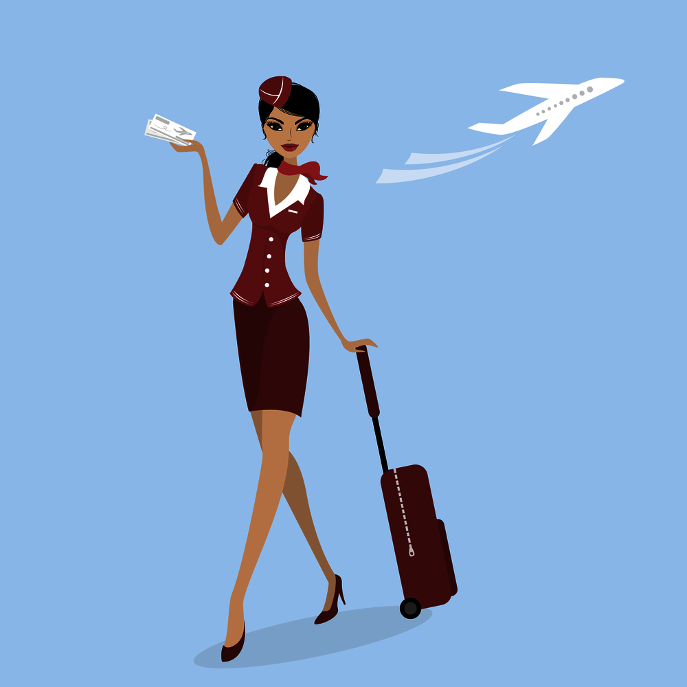 stewardess with a suitcase and a plane ticket, a plane taking off in the background, vector illustration. stewardess with a suitcase and a plane ticket