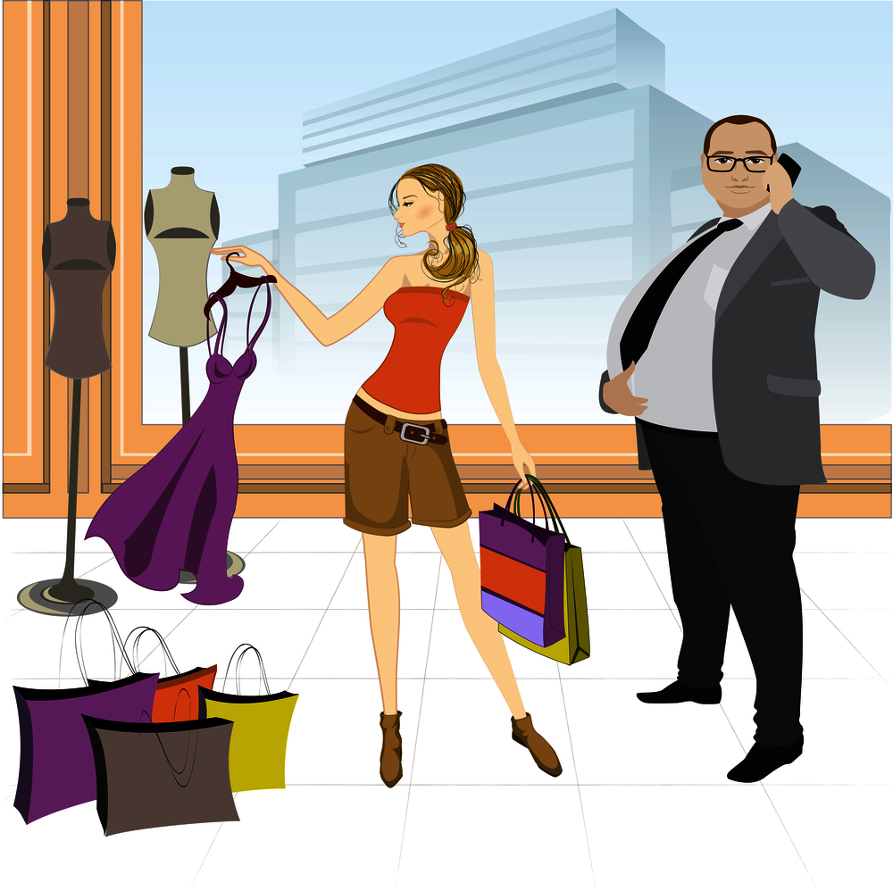 Pretty shopping girl with dress and fat businessman with cell phone, vector illustration. Pretty shopping girl with dress and fat businessman with cell ph