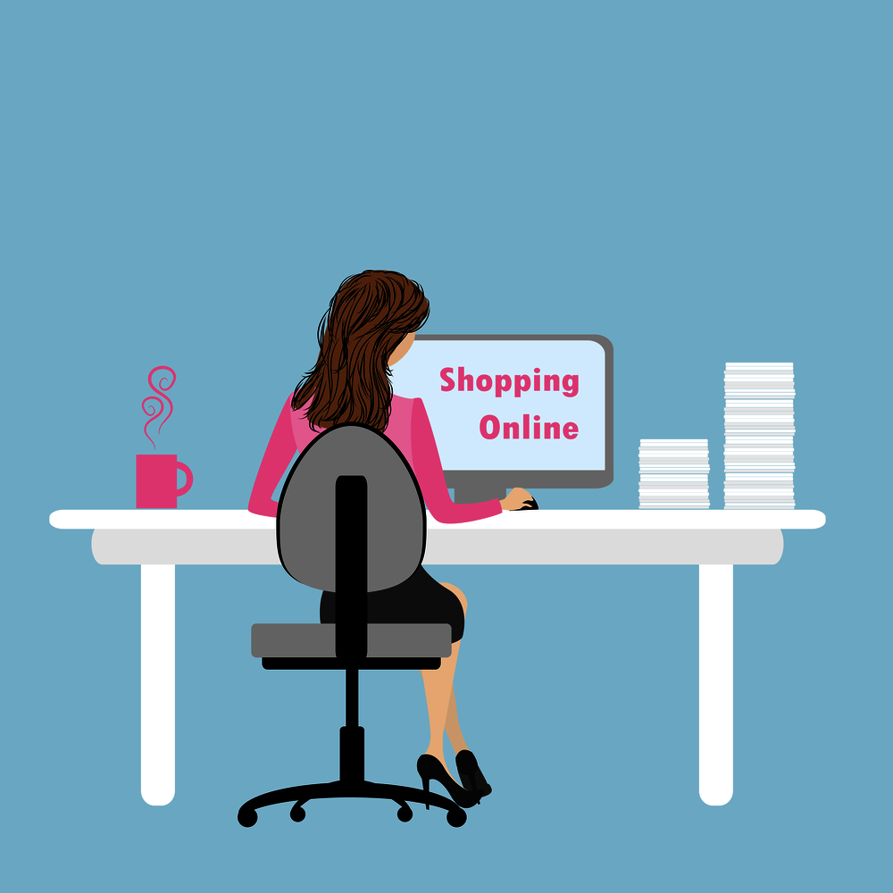 Business Woman or office worker  working on computer , Back Rear View, Flat Vector Illustration. Business Woman or office worker  working on computer