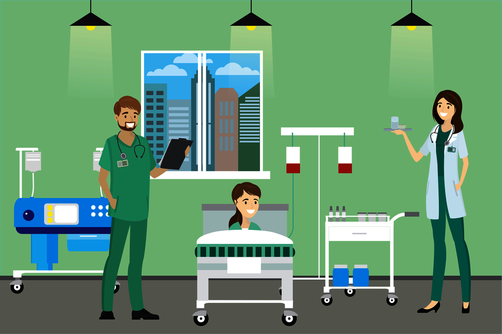 Doctor, nurse and patient in the Hospital room,cartoon vector illustration. Doctor, nurse and patient in the Hospital room