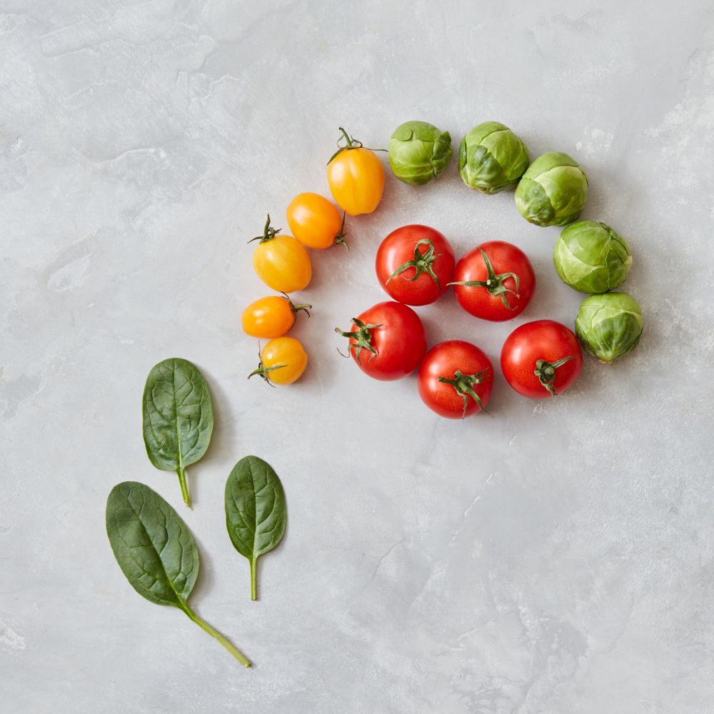 Composition of red and yellow tomatoes and green spinach leaves on a gray background. Top view, flat lay. Composition of tomatoes and spinach leaves
