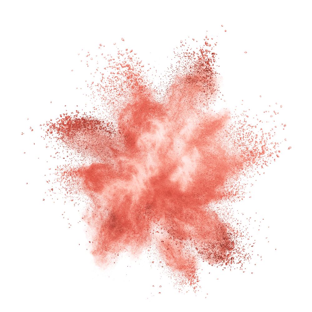 The blast of colored powder in a color of the year 2019 Living Coral pantone isolated on a white background. Place for text.. Explosion of colored powder in a color of the year 2019 Living Coral pantone isolated on a white background.
