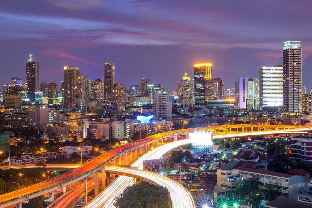 Building views of Bangkok&rsquo;s business district and expressway.. Building and expressway.