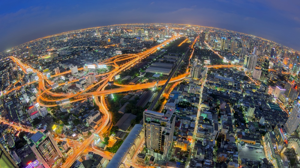 Bangkok Expressway and Highway top view of Thailand, with Fisheye lens.. Bangkok Expressway