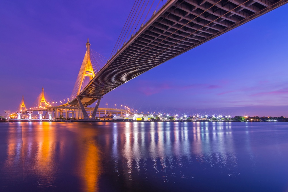 BANGKOK, THAILAND-MAY 5:The Bhumibol Bridge , one of Thailand most famous bridges, spanning the river Choa Phraya on May 5 ,2013 in Bangkok, Thailand. . Bhumibol Bridge