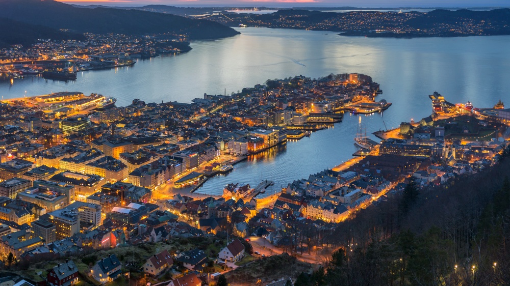 Panoramic view of Bergen from Floyen, Bergen, Norway at sunset.. Panora Floyen at sunset.