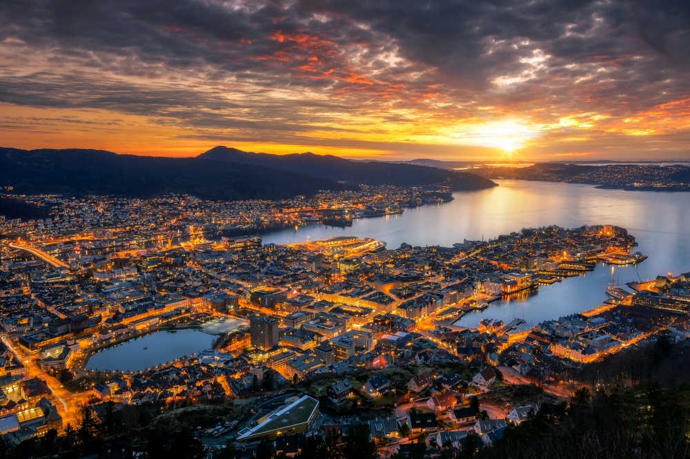Panoramic view of Bergen from Floyen, Bergen, Norway at sunset.. Panora Floyen at sunset.