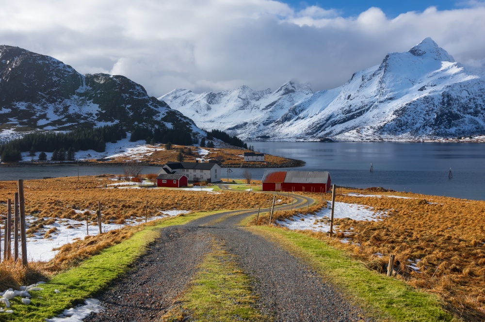 Beautiful view of scenic Lofoten Islands archipelago winter scenery, Beautiful mountain landscape in winter Norway, Scandinavia.. Winter in Norway.