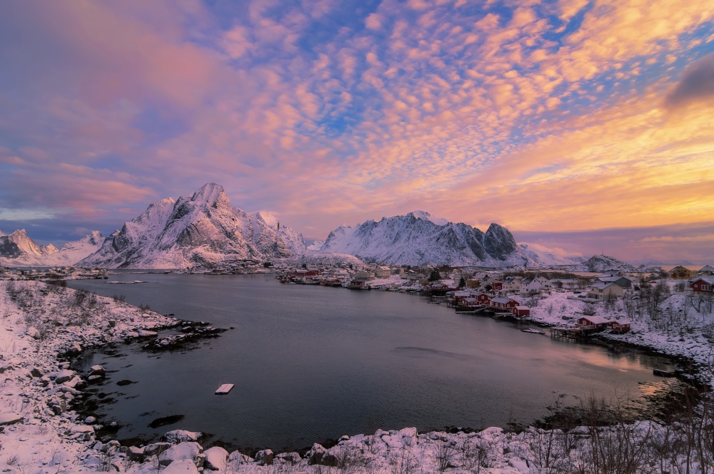 Beautiful view of scenic Lofoten Islands archipelago winter scenery, Beautiful mountain landscape in winter Norway, Scandinavia.. Winter in Norway.