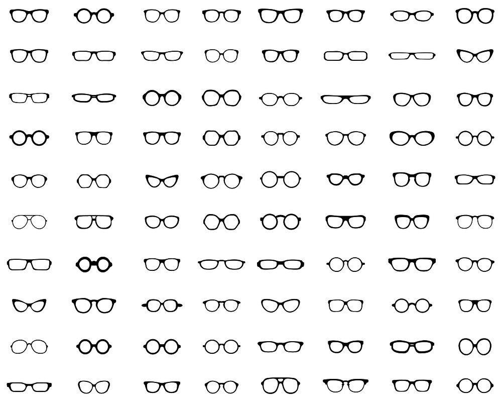Black silhouettes of different  eyeglasses on a white background