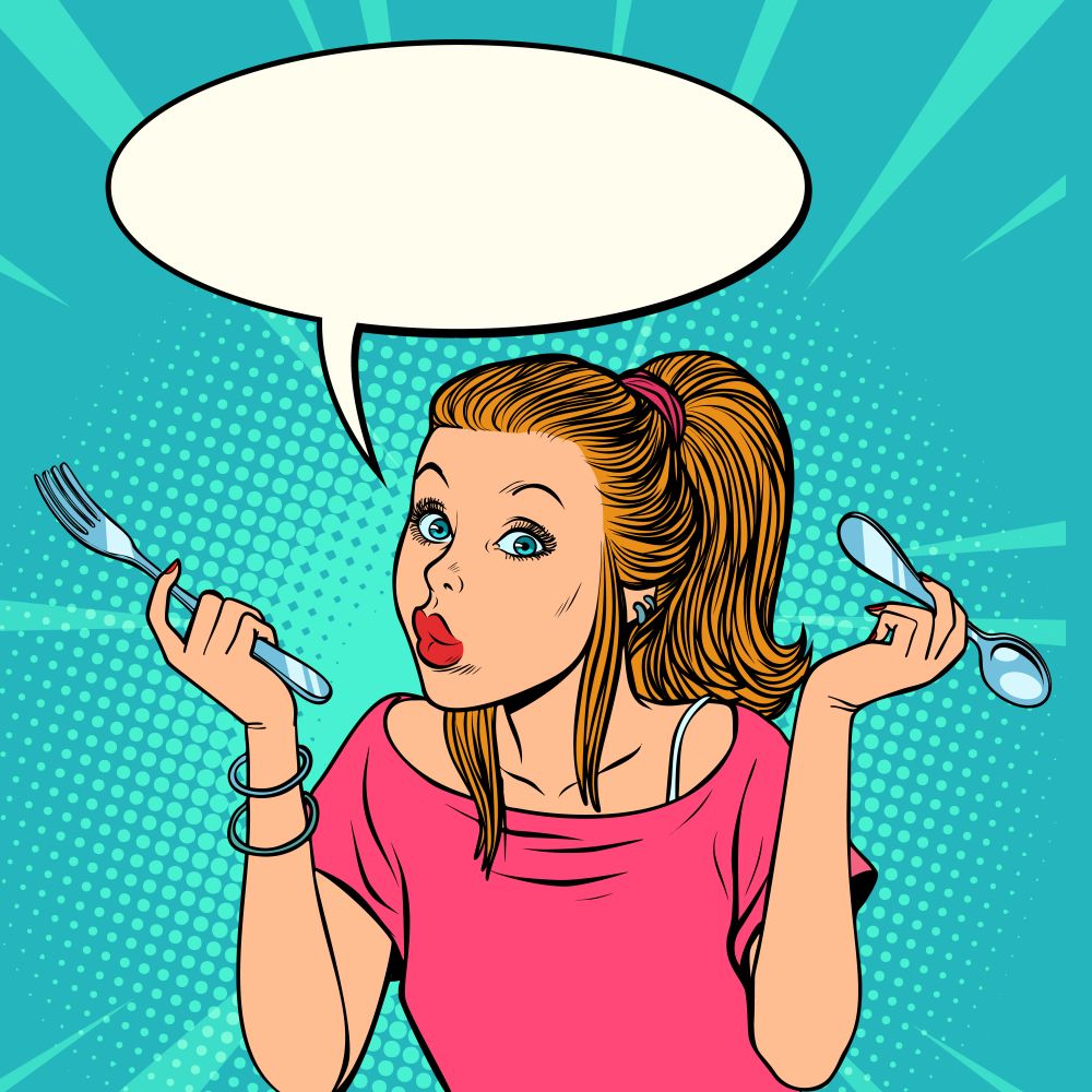 woman wants to eat. Comic cartoon pop art retro vector illustration drawing. woman wants to eat