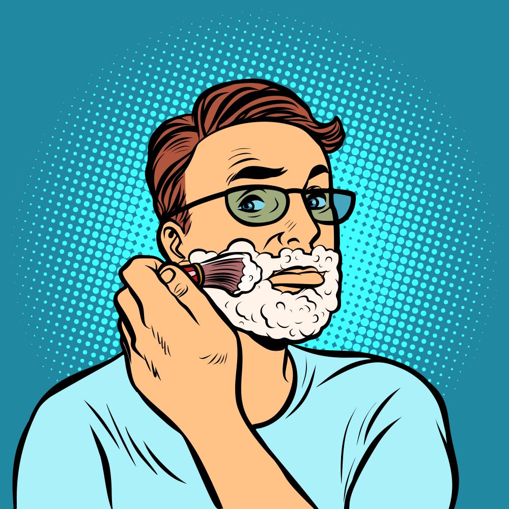 man shaving brush, hygiene, morning in the bathroom. Comic cartoon pop art retro vector illustration drawing. man shaving brush, hygiene, morning in the bathroom