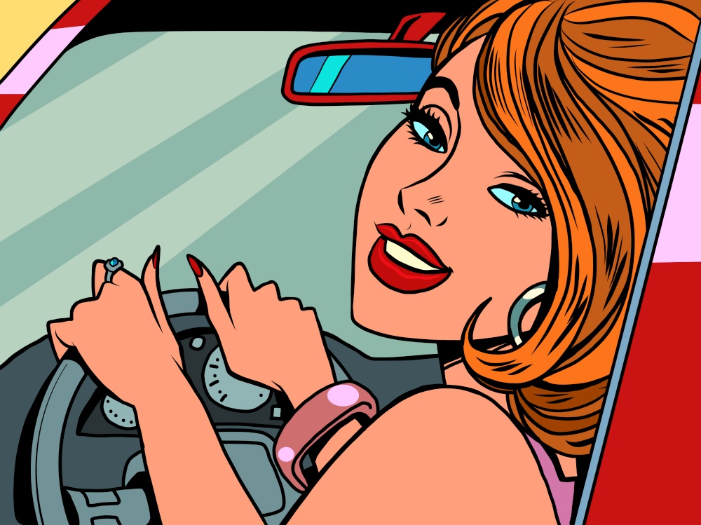 Beautiful woman driving a car, joy happiness. comic cartoon vintage retro illustration hand drawing. Beautiful woman driving a car, joy happiness