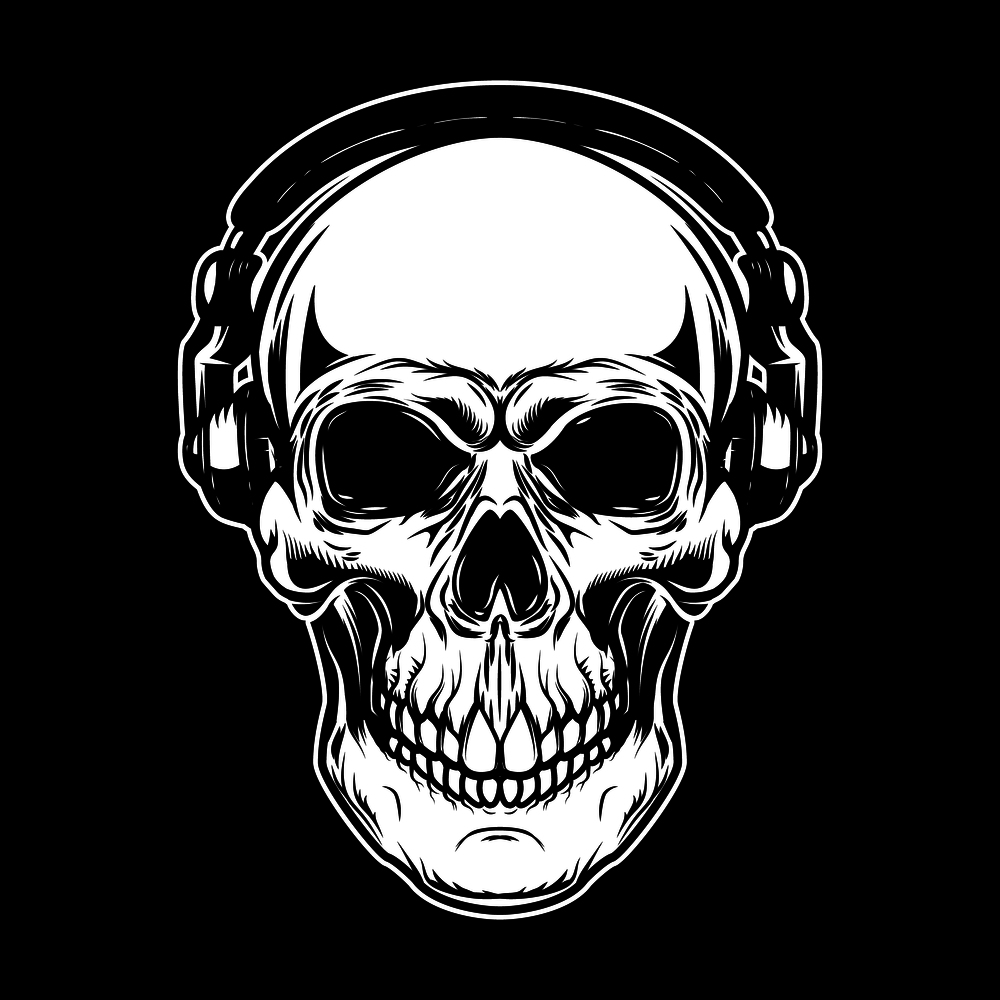 Skull in headphones on dark background. Design element for poster, card, emblem, sign.Vector illustration
