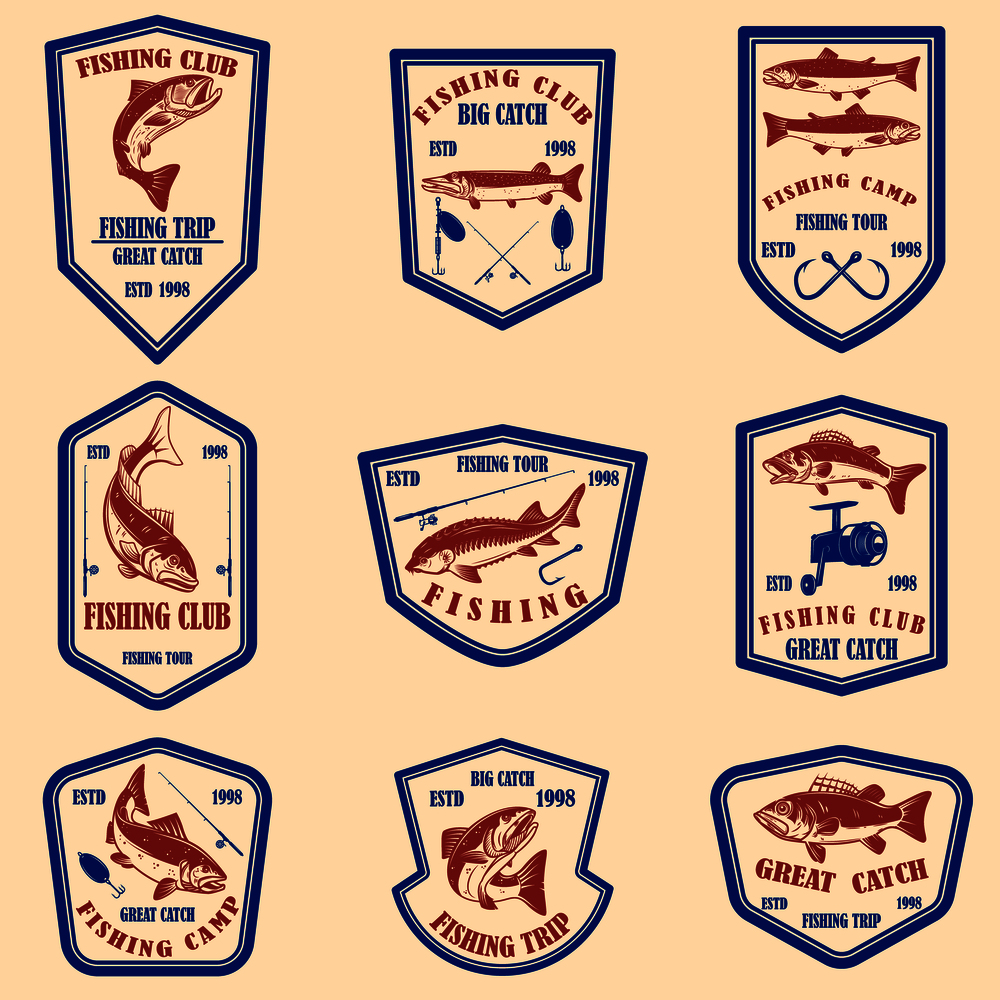 Set of fishing club emblems. Design element for logo, label, emblem, sign. Vector illustration