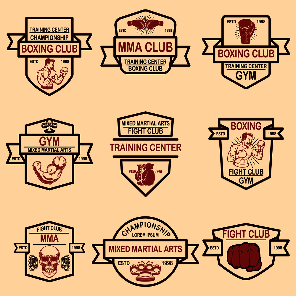 Set of mma and boxing club emblems. Design element for logo, label, sign, poster, t shirt. Vector illustration