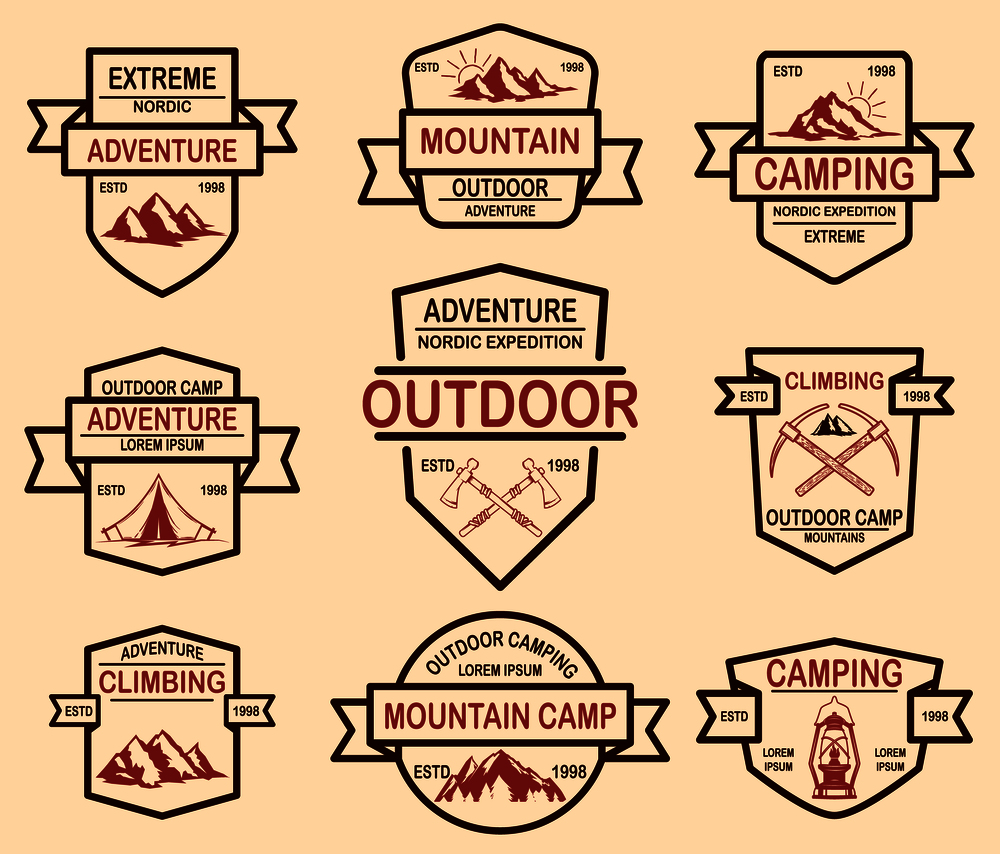 Set of mountain camp emblem templates. Design element for logo, label, emblem, sign, badge. Vector illustration