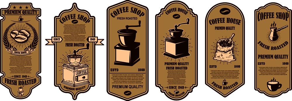 Set of vintage coffee shop flyer templates. Design elements for logo, label, sign, badge. Vector illustration