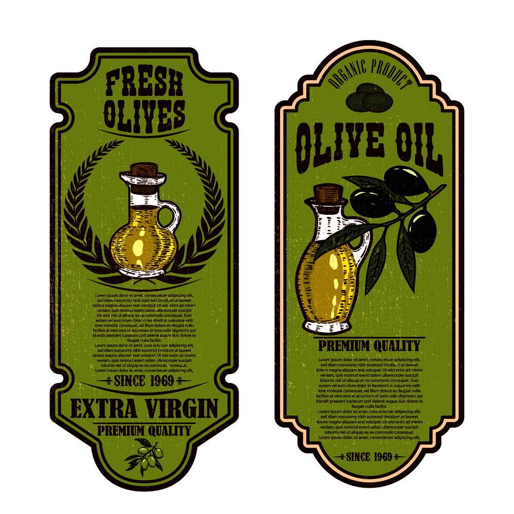 Set of vintage olive oil flyer templates. Design element for logo, label, emblem, sign, badge. Vector illustration