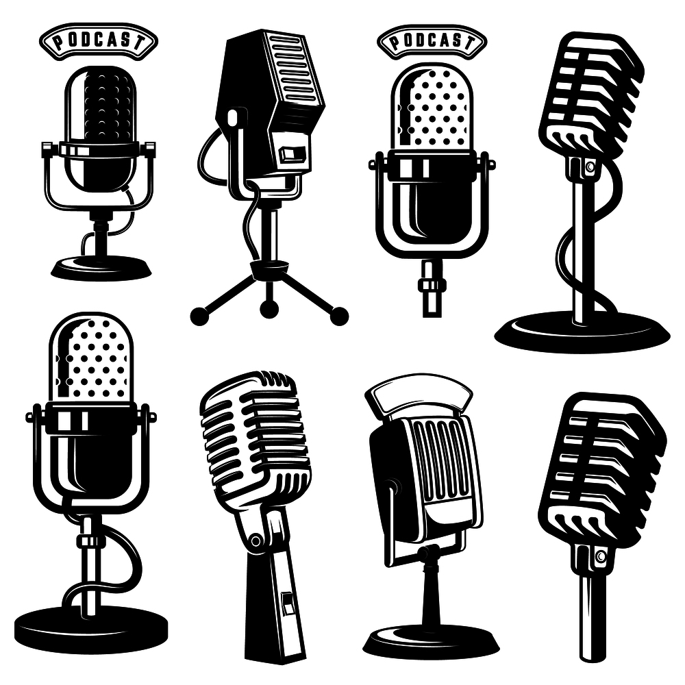 Set of retro style microphone icons isolated on white background. Design element for logo, label, emblem, sign, poster.Vector illustration