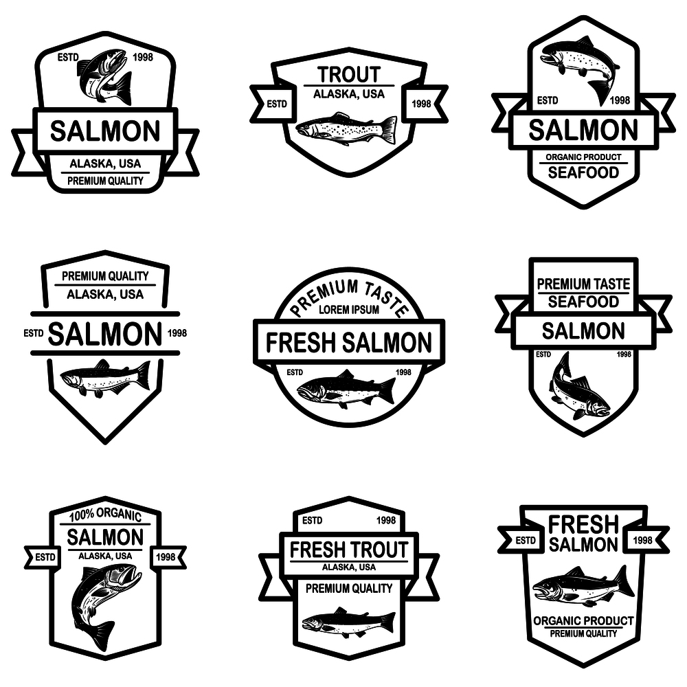 Set of salmon, trout fish labels. Design element for logo, label, sign, poster. Vector illustration