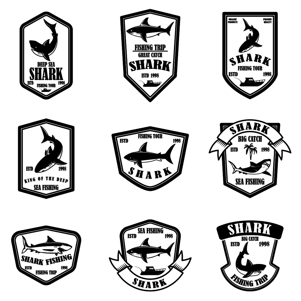 Set of shark fishing emblems. Design element for logo, label, sign, poster, t shirt. Vector illustration