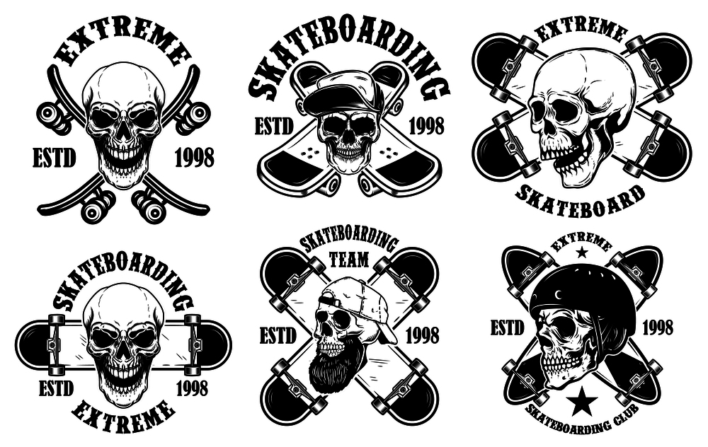 Set of skateboarding club emblems with skulls. Design element for poster, logo, sign, label, t shirt. Vector illustration