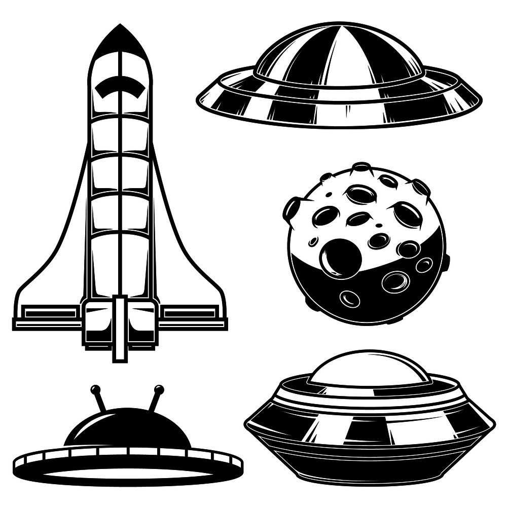 Set of spaceships, ufo icons. Design element for logo, label, sign, poster, t shirt. Vector illustration