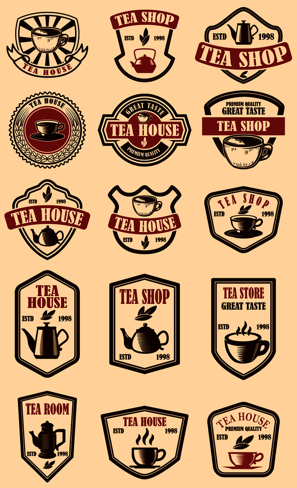 Set of vintage tea house labels. Design element for logo, emblem, sign, poster. Vector illustration