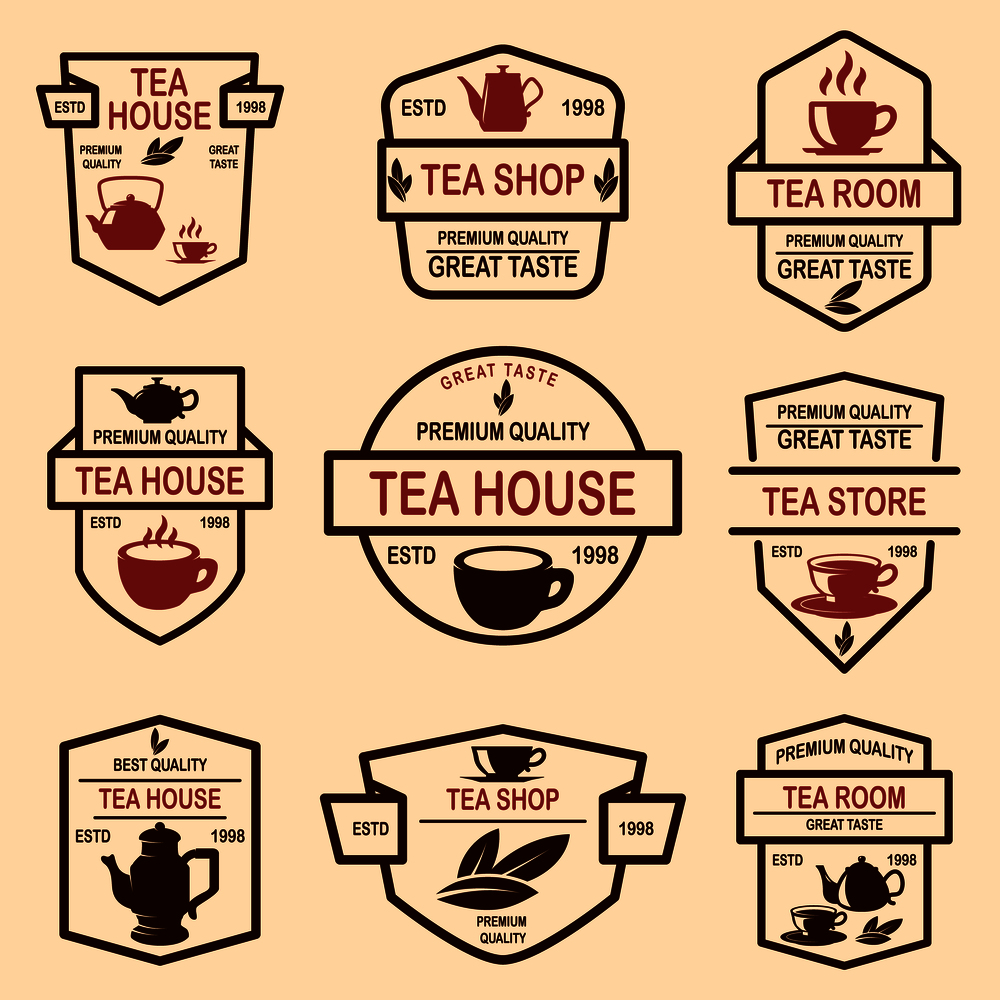 Set of tea house labels. Design element for logo, emblem, sign, poster. Vector illustration