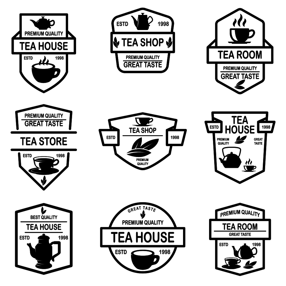 Set of tea house labels. Design element for logo, emblem, sign, poster. Vector illustration
