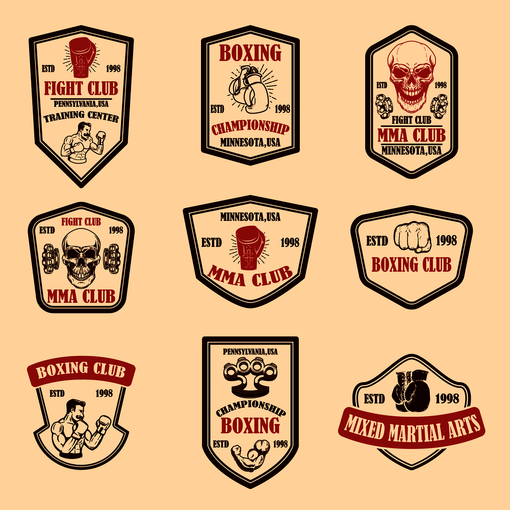 Set of mma and boxing club emblems. Design element for logo, label, sign, poster, t shirt. Vector illustration