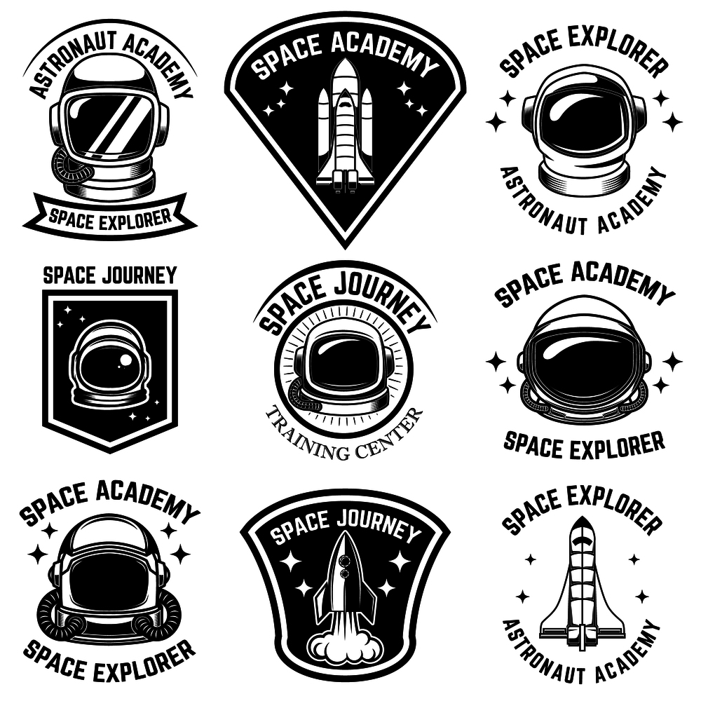 Set of space camp label templates. Design element for logo, label, sign, poster, t shirt. Vector illustration
