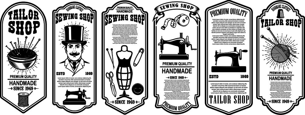 Set of sewing shop label templates. Design element for logo, label, sign, poster. Vector illustration