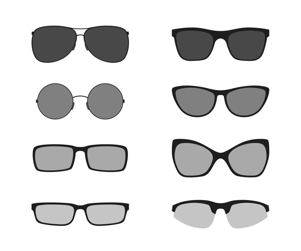 Glasses icons, isolated on white background. Black silhouettes of modern glasses. Glasses icons set