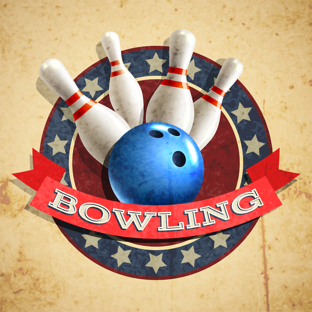 Bowling sport emblem with ball and pins