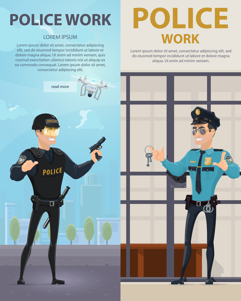 Police work vertical banners with policeman near prison cell and officer of special forces on street vector illustration