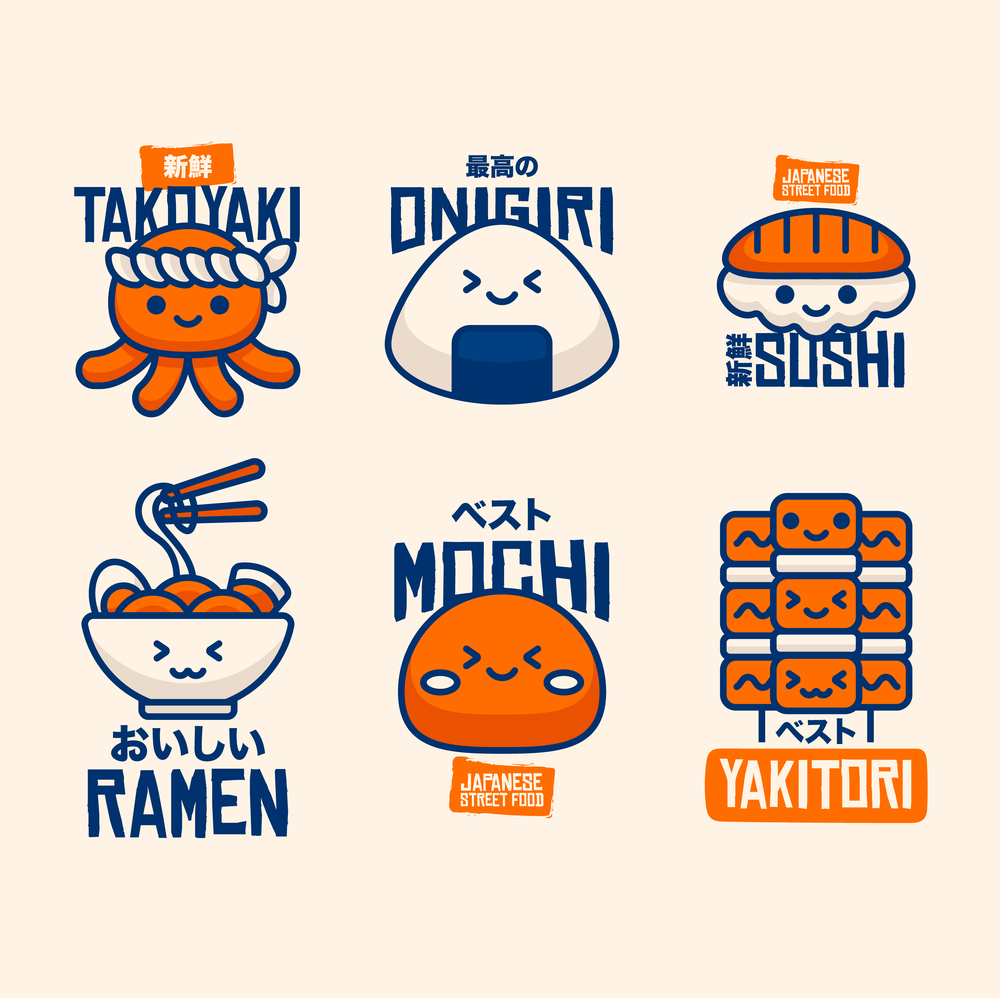japanese food set badge label logo cartoon theme