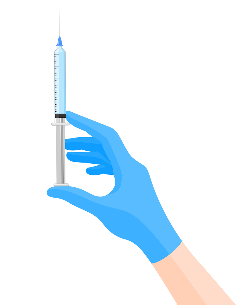 Doctor&rsquo;s hand in blue gloves holding coronavirus, covid-19 vaccine. vaccination shot, medicine and drug concept. Vector illustration.