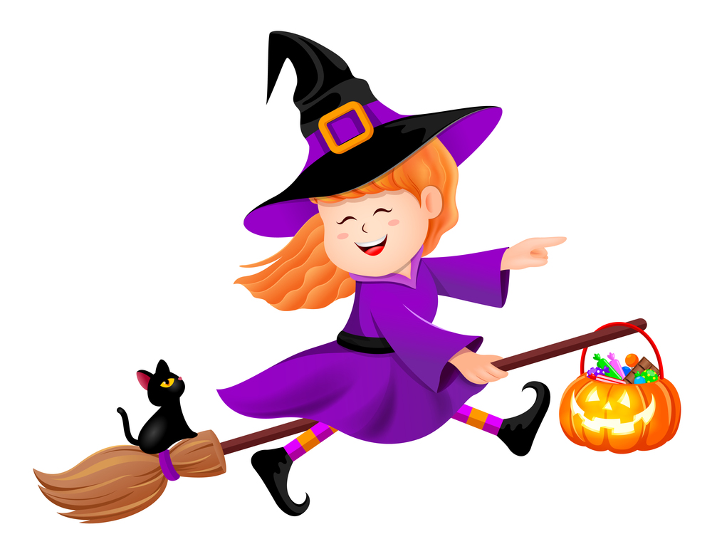 Cute witch, halloween female character. Witchcraft and magic. Vector cartoon illustration