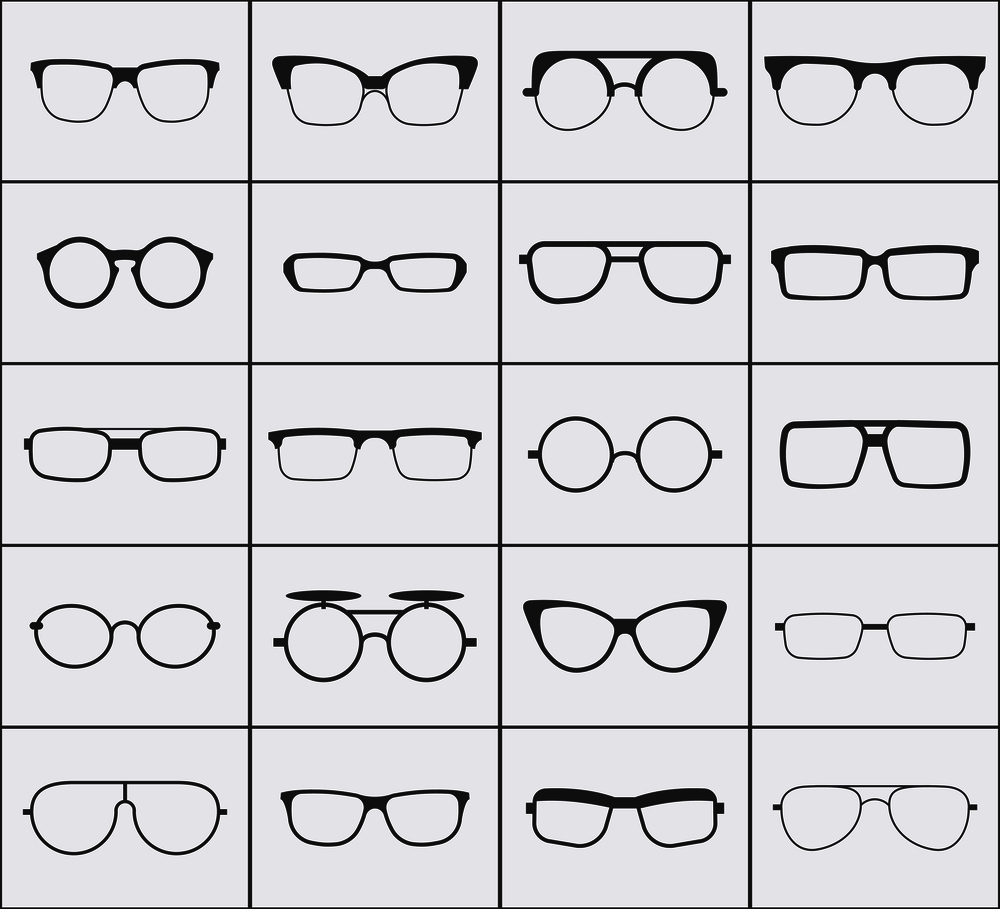 Set of vector glasses icons in black over white. Collection of hipster glasses illustration. Set of vector glasses icons in black over white