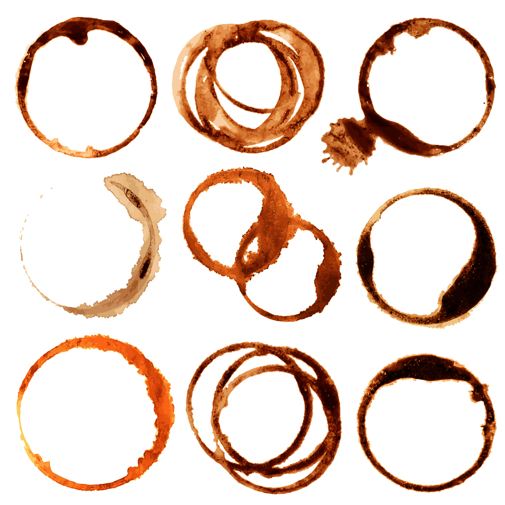 Coffe stains and splashes, dirty brown cup rings vector set. Splash ring form coffee mug, circle stain dirty mark illustration. Coffe stains and splashes, dirty brown cup rings vector set