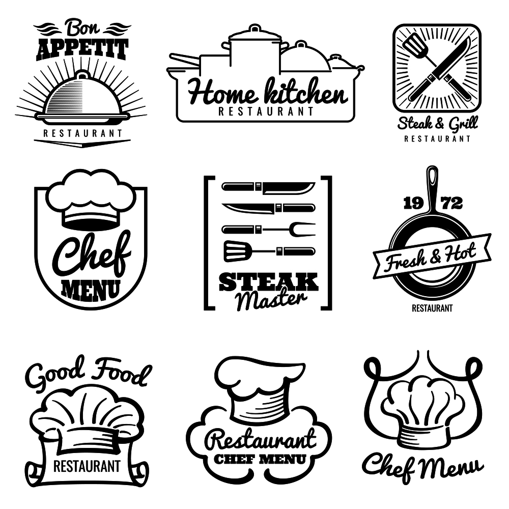 Restaurant vector vintage logo. Chef retro labels. Cooking in kitchen emblems. Label home kitchen, fresh and hot illustration. Restaurant vector vintage logo. Chef retro labels. Cooking in kitchen emblems