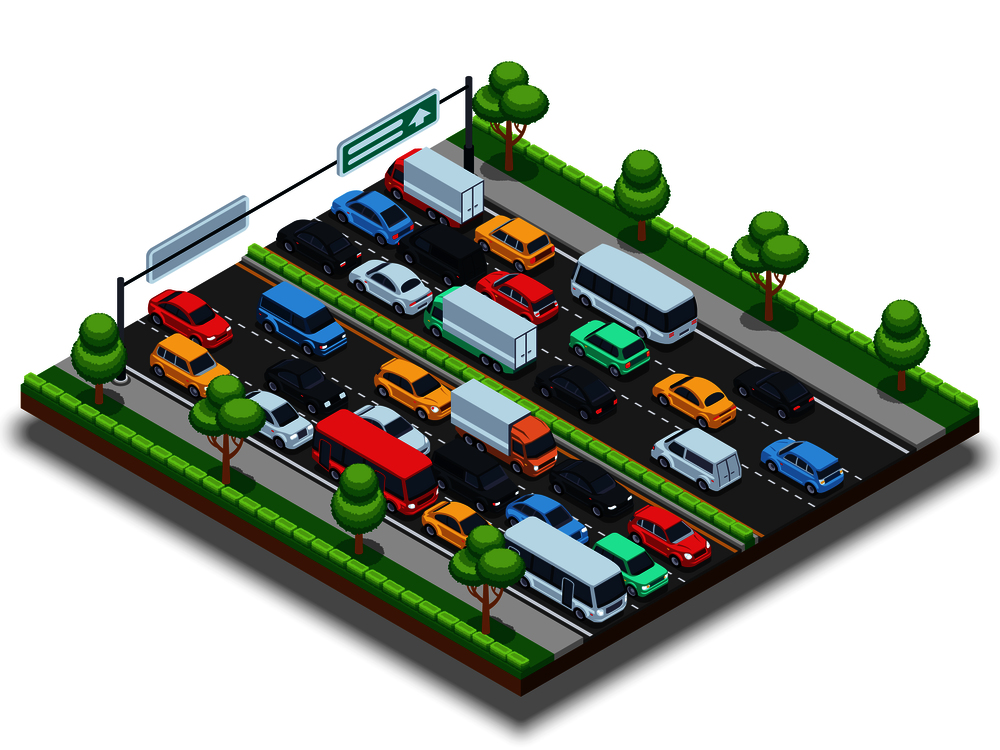Isometric highway with traffic jam. 3d transportation vector concept with cars and trucks. Car on highway in traffic jam illustration. Isometric highway with traffic jam. 3d transportation vector concept with cars and trucks