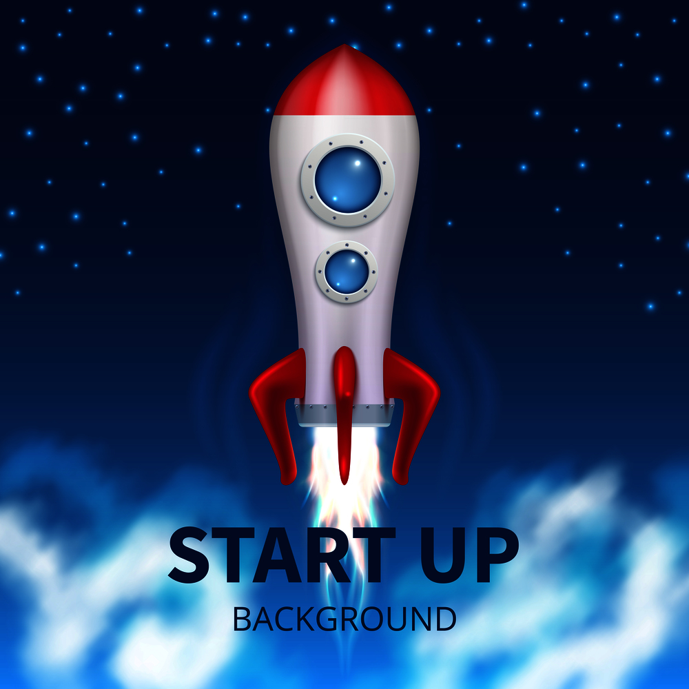 Fired up space rocket, retro booster. Shuttle launch creative startup vector background. Launch rocket ship, start up spaceship and business shuttle illustration. Fired up space rocket, retro booster. Shuttle launch creative startup vector background