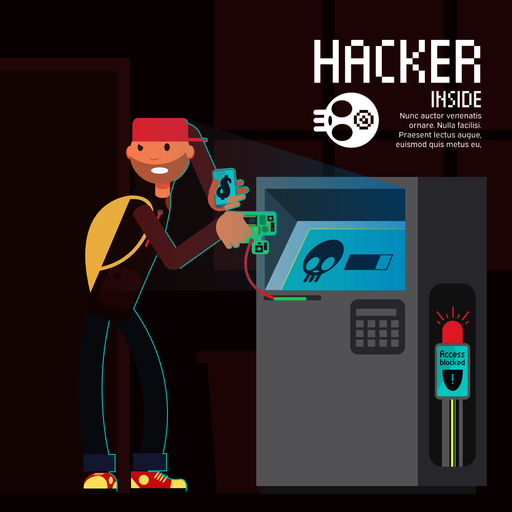 Computer safety and computer crime vector concept with cartoon hacker character. Crime and thief atm hacker illustration. Computer safety and computer crime vector concept with cartoon hacker character