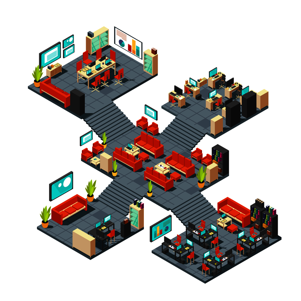 Corporate professional 3d office. Isometric business center floors interior vector illustration. Office business room interior, building department indoor. Corporate professional 3d office. Isometric business center floors interior vector illustration